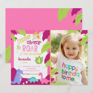 Girl Pink Dinosaurier Geburtstagseinladung mit Fot Einladung
