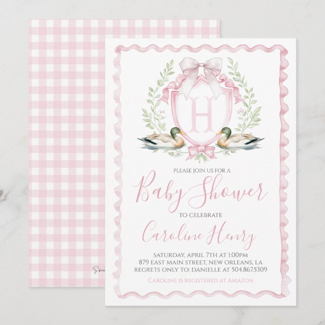 Girl Pink Duck Baby Duck Gingham Pink Einladung (Vorne/Hinten)