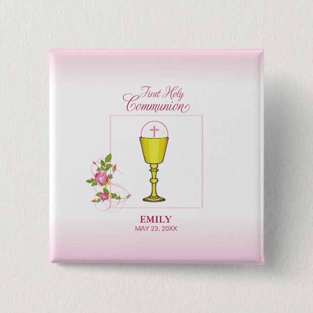 Girl Pink Erste heilige Kommunion, Chalice, Gastge Button (Vorderseite)
