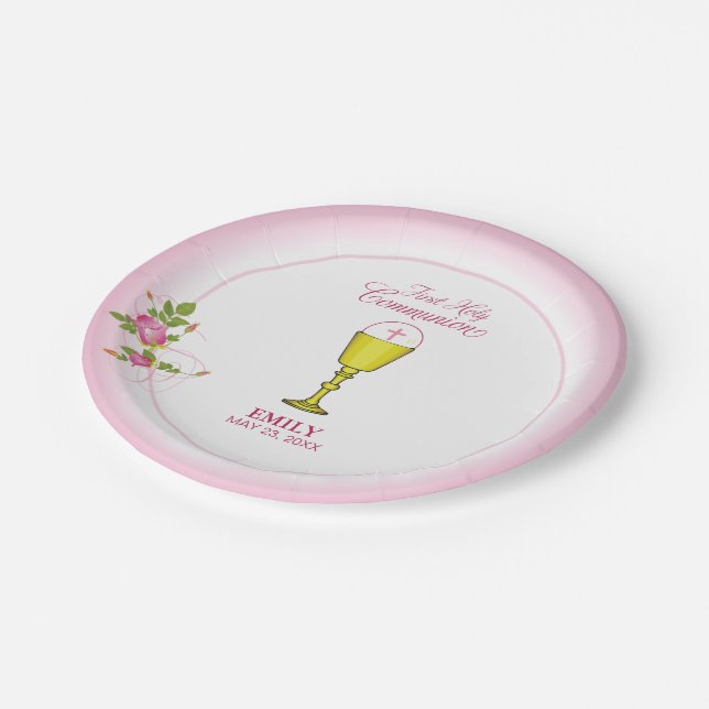 Girl Pink Erste heilige Kommunion, Chalice, Gastge Pappteller (Schrägansicht)
