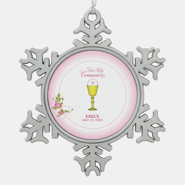 Girl Pink Erste heilige Kommunion, Chalice, Gastge Schneeflocken Zinn-Ornament (Vorderseite)