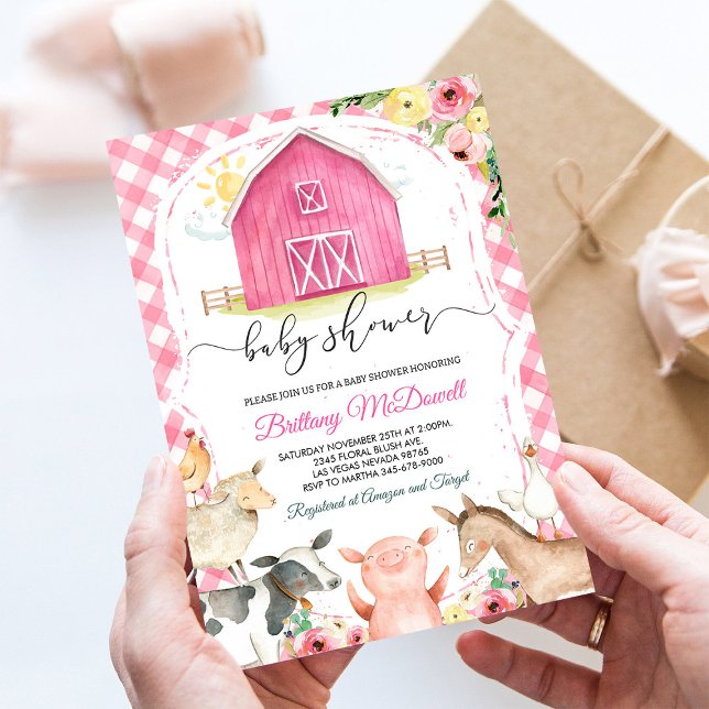 Girl Pink Farm Animals Baby Dusche Einladung (Von Creator hochgeladen)