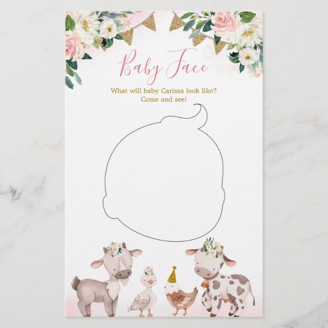 Girl Pink Farm Baby Dusche Baby Face Card (Vorderseite)
