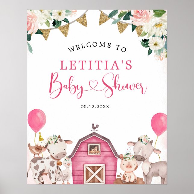 Girl Pink Farm Baby Dusche Begrüßungszeichen Poster (Vorne)