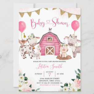 Girl Pink Farm Baby Dusche Einladung