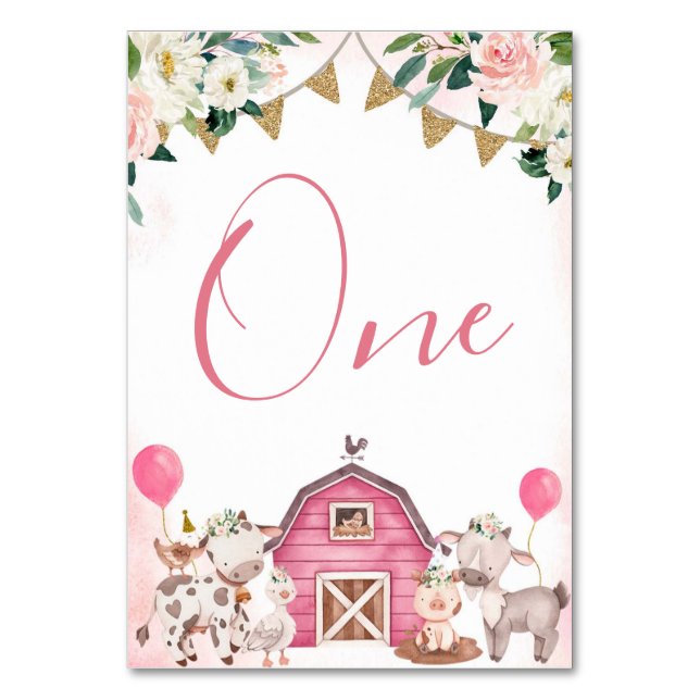 Girl Pink Farm Baby Dusche Tischnummer (Vorderseite)
