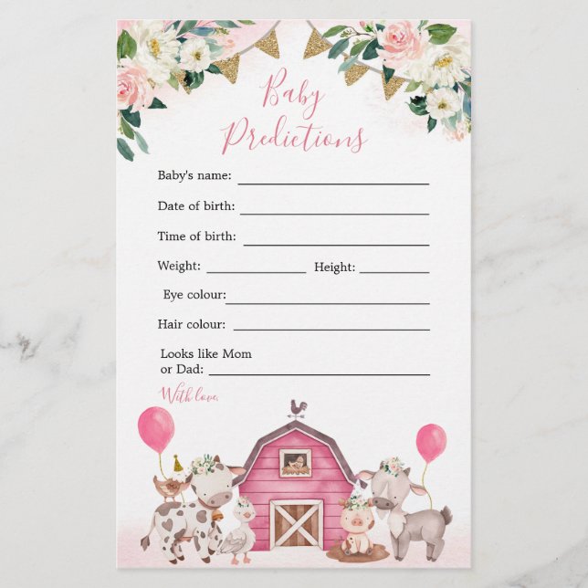 Girl Pink Farm Baby Shower Baby Vorhersagen (Vorderseite)