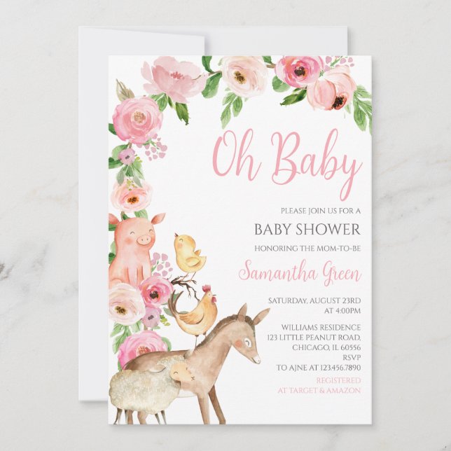 Girl Pink Farm Baby Shower Einladung (Vorderseite)