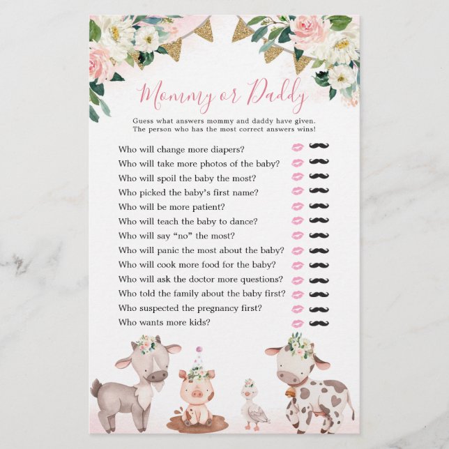 Girl Pink Farm Baby Shower Mommy oder Daddy (Vorderseite)