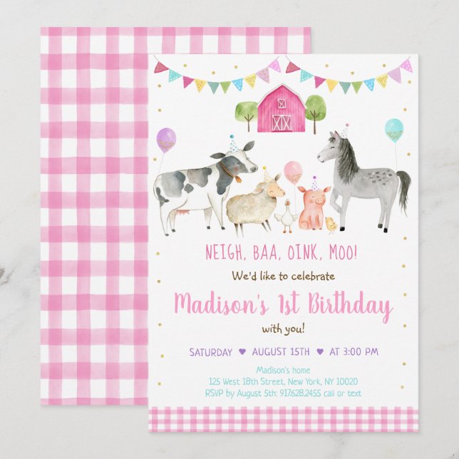 Girl Pink Farm Geburtstag Einladung (Vorne/Hinten)
