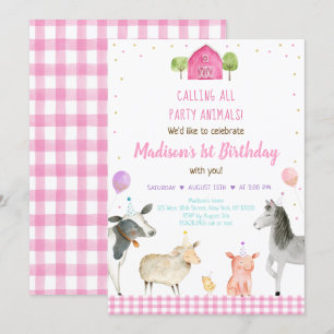 Girl Pink Farm Party Tier Geburtstag Einladung