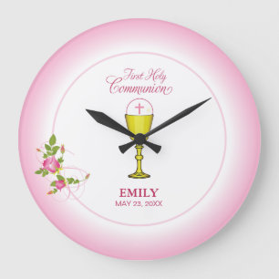 Girl Pink First Holy Communion, Chalice, Host, Ros Große Wanduhr