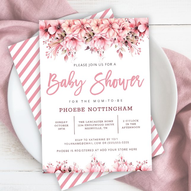 Girl Pink Floral Baby Dusche Einladung (Girl Pink Floral Baby Shower Invitation)