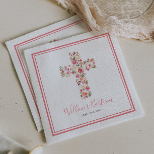 Girl Pink Floral Cross Babtism Kommune Serviette