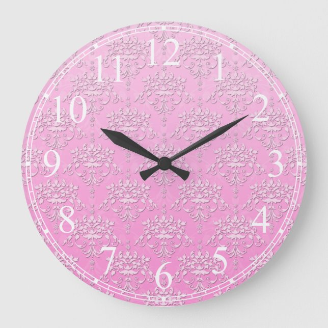 Girl Pink Floral Damask Muster Große Wanduhr (Vorderseite)