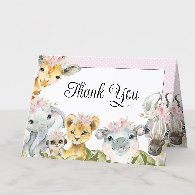Girl Pink Floral Safari Baby Dusche Vielen Dank Dankeskarte (Add your message or leave blank for your handwritten message.)
