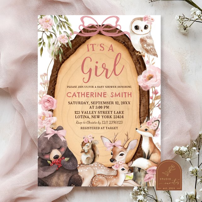 Girl Pink Forest Woodland Animal Baby Shot Invit Einladung (Von Creator hochgeladen)