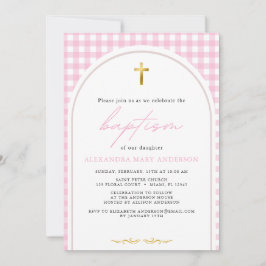 Girl pink gingham moderne minimalistische Taufe Einladung