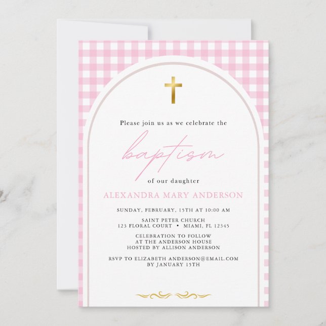 Girl pink gingham moderne minimalistische Taufe Einladung (Vorderseite)