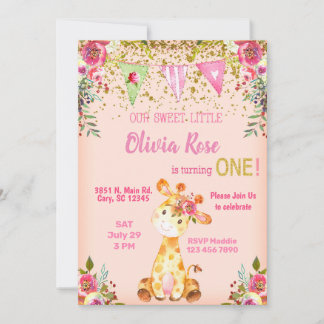 Girl pink giraffe 1. Geburtstagseinladung. Einladung