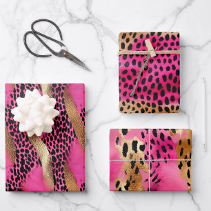 Girl Pink Glam Gold Leopard Animal Print Geschenkpapier Set