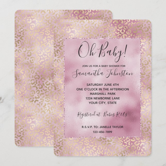 Girl Pink Glam Gold Leopard Print Einladung (Vorne/Hinten)