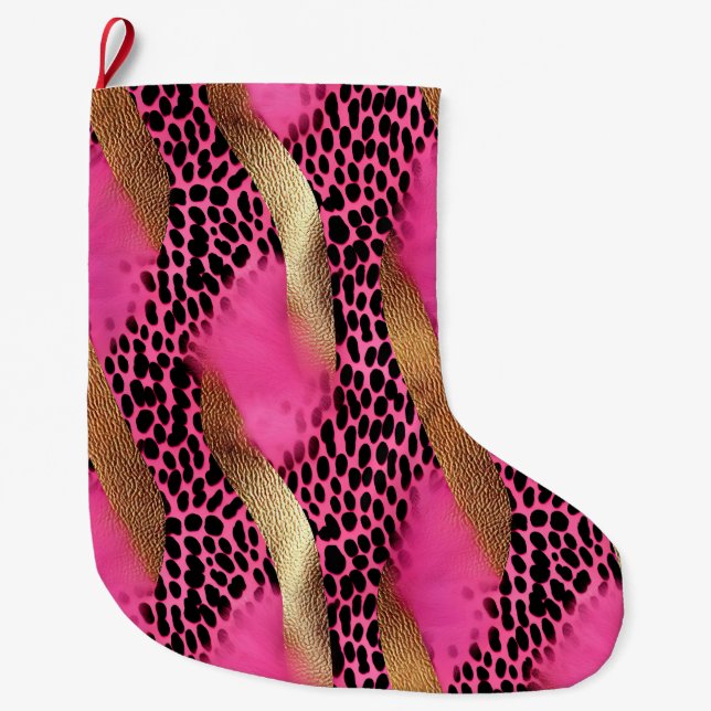 Girl Pink Glam Gold Leopard Print Großer Weihnachtsstrumpf (Vorderseite)
