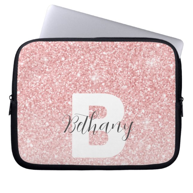 Girl-Pink-Glitzer-Glitzern Monogram-Skriptname Laptopschutzhülle (Vorderseite)