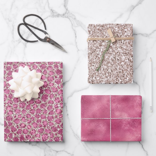 Girl Pink Glitzer Leopard Print Geschenkpapier Set (Vorderseite)