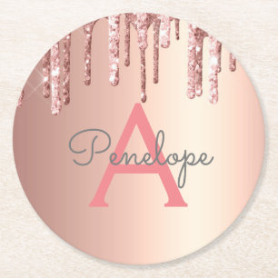 Girl Pink Glitzer Mit Monogramm Rose Gold Tropfen Runder Pappuntersetzer