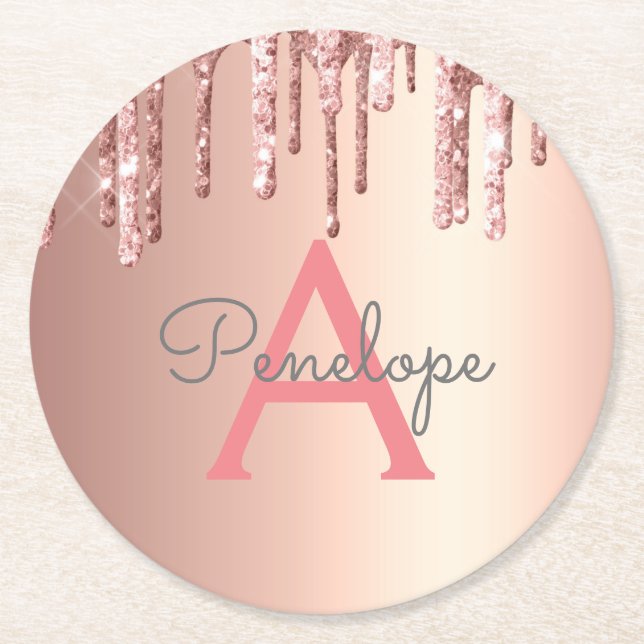 Girl Pink Glitzer Mit Monogramm Rose Gold Tropfen Runder Pappuntersetzer (Vorderseite)