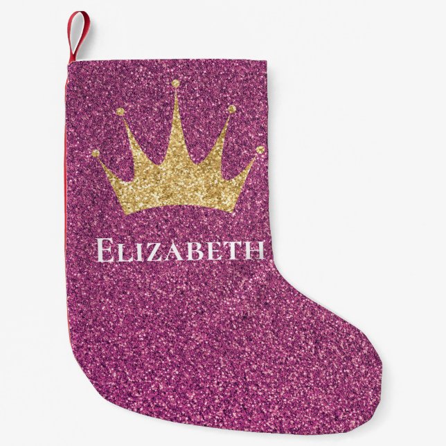 Girl Pink Glitzer Princess Crown Mit Monogramm Kleiner Weihnachtsstrumpf (Vorderseite)