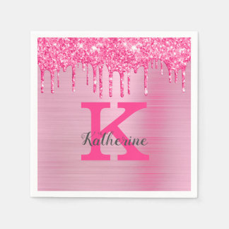 Girl Pink Glitzer Tropfen Chic Glam Monogram Name Serviette