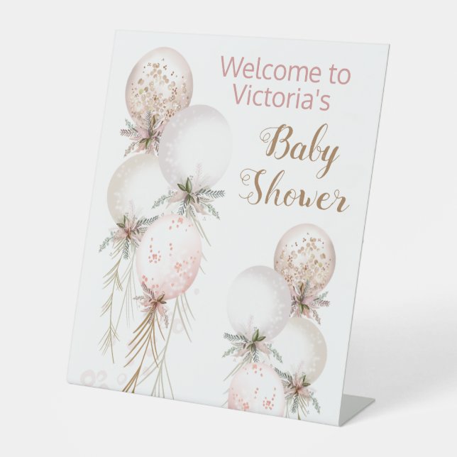 Girl Pink Gold Balloon Baby Dusche Begrüßungstabel Sockelschild (Vorderseite)