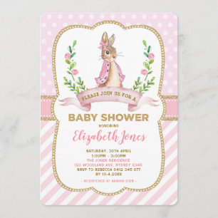 Girl Pink Gold Floral Bunny Rabbit Baby Dusche Einladung