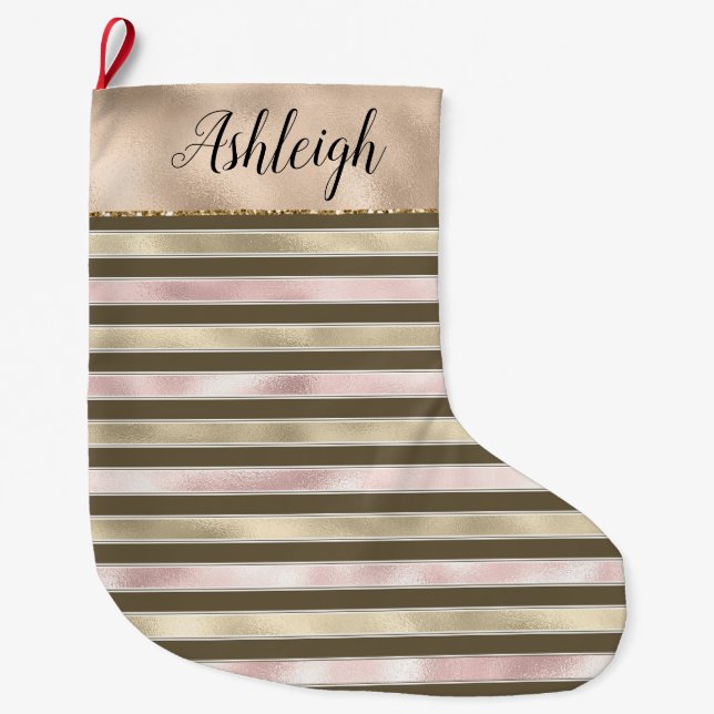 Girl Pink Gold Glam Streifen Großer Weihnachtsstrumpf (Vorderseite)