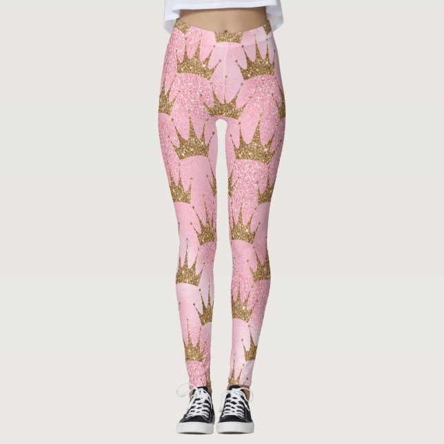 Girl Pink Gold Glitzer Crowns Funkelnd Leggings (Vorderseite)