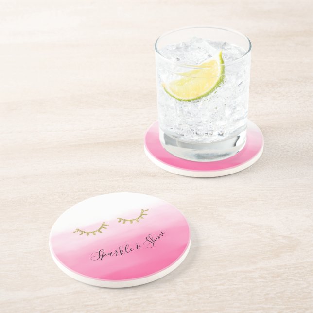 Girl Pink Gold Glitzer Eyelashes Getränkeuntersetzer (Seite)