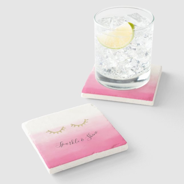 Girl Pink Gold Glitzer Eyelashes Steinuntersetzer (Seitenansicht)