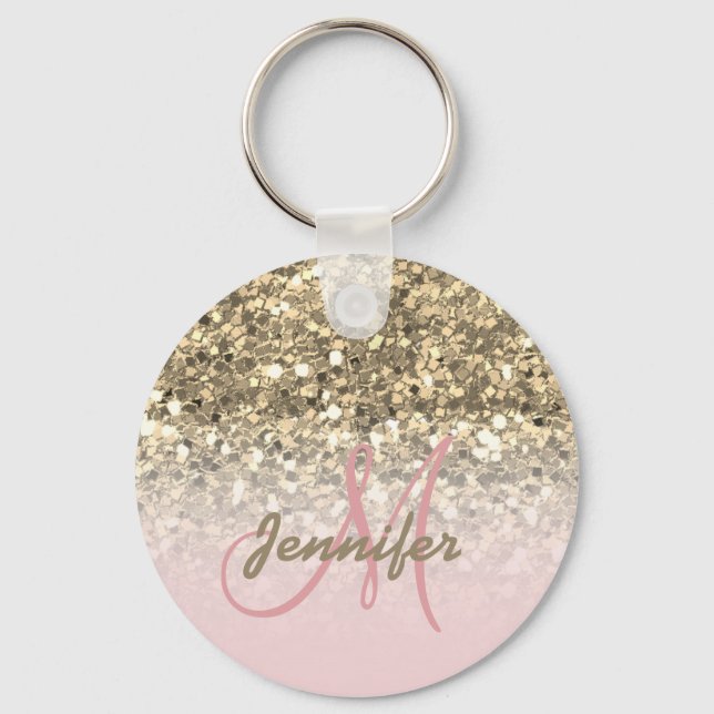 Girl Pink Gold Glitzer Glitzern Monogram Name Schlüsselanhänger (Vorderseite)