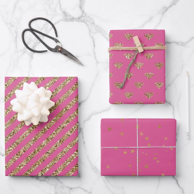 Girl Pink Gold Glitzer Jewel Diamonds Geschenkpapier Set (Vorderseite)