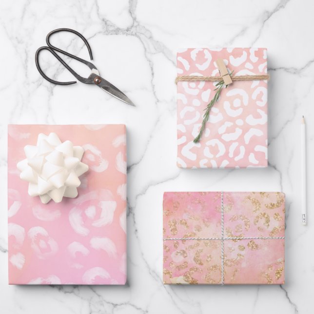 Girl Pink Gold Glitzer Leopard Print Geschenkpapier Set (Vorderseite)