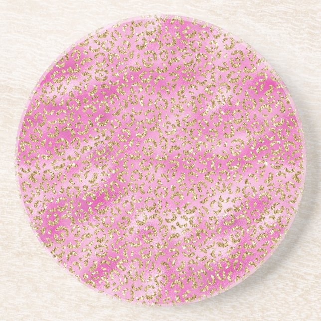 Girl Pink Gold Glitzer Leopard Print Getränkeuntersetzer (Vorne)