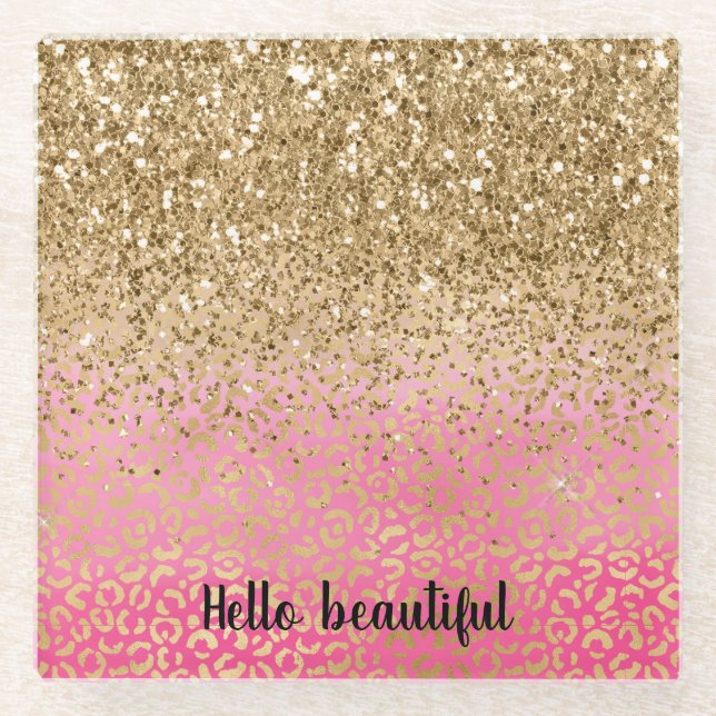 Girl Pink Gold Glitzer Leopard Print Glasuntersetzer (Vorderseite)