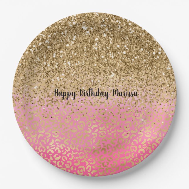 Girl Pink Gold Glitzer Leopard Print Pappteller (Vorderseite)