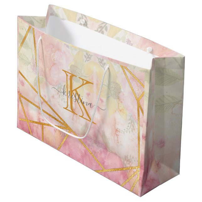 Girl Pink Gold Glitzer Sparkle Monogram Floral Große Geschenktüte (Vorderseite Schrägansicht)