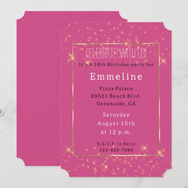 Girl Pink Gold Glitzern Geburtstag Einladung (Vorne/Hinten)