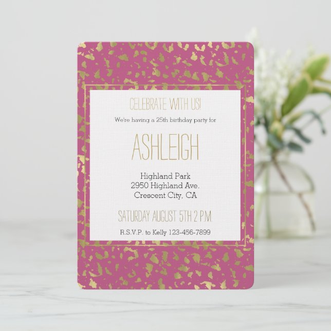Girl Pink Gold Leopard Geburtstag Einladung (Stehend Vorderseite)