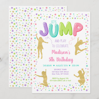 Girl Pink Gold Rainbow Jump Bounce Party Geburtsta Einladung