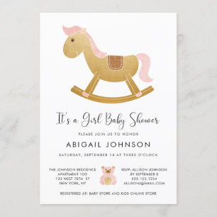 Girl Pink Gold Retro Rocking Horse Baby Dusche Einladung